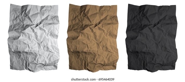 Crumpled paper sheet. Black, white and brown paper textures set. Isolated Vector.
