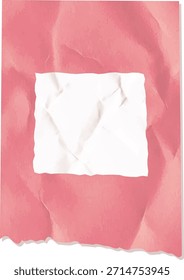 Folha de papel amassada com abertura de lágrima quadrada e borda áspera, fundo de cartaz texturizado. Conceito de nota, lembrete, espaço, sucata, mensagem, revelar. Ilustração de vetor de desenhos animados.
