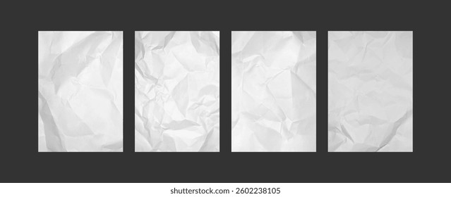 Crumpled paper sheets. Blank sheet with wrinkles, empty white pages with realistic crumpled texture. Paper with creases, trendy poster, flyer and banner templates. Vector 3d mockups.