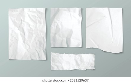 Hojas de papel arrugado conjunto aislado en el fondo. Vector de ilustración realista páginas de cuaderno en blanco con bordes desgarrados desiguales, pieza de documento o carta arrugada dañada, maqueta de papel de notas desgastada