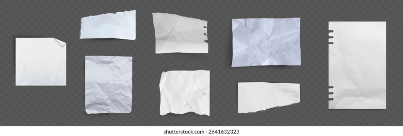 Zerknitterte Papierblätter - verschiedene weiße und karierte zerknitterte Seitenstücke mit abgerissenen, zerrissenen Kanten einzeln auf schwarzem Hintergrund. Leere Notiz, Notizbuch Blatt realistische Vektorgrafik Sammlung.