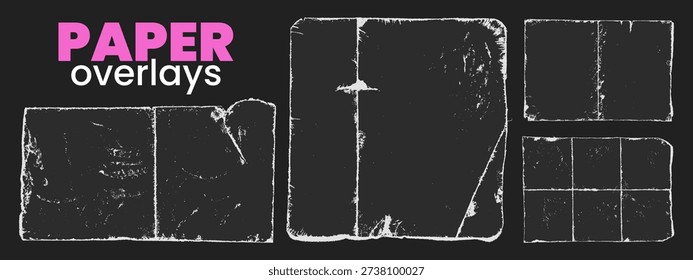 Crumpled paper sheets with vinyl paper overlay. Strong fold marks and uneven surface. Overlay textures for frames posters and backgrounds.