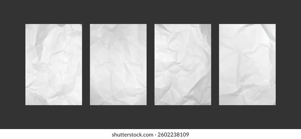 Crumpled paper sheets with wrinkles. Empty white pages with realistic crumpled effect. Blank paper sheet with creases template for posters and banners. Vector mockups set.
