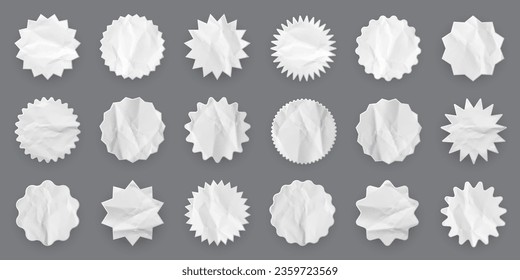 Crumpled paper shopping labels. Sale or discount sticker with cardboard texture. Special offer price tag. Supermarket promotional badge. Sunburst icon. Vector illustration