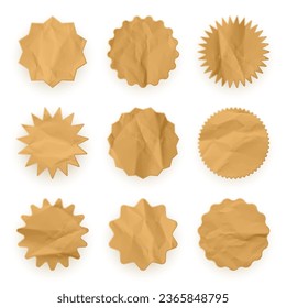 Crumpled paper shopping labels. Sale or discount sticker with cardboard texture. Special offer price tag. Supermarket promotional badge. Sunburst icon. Vector illustration