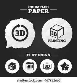 Crumpled paper speech bubble. 3d tv technology icons. Printer, rotation arrow sign symbols. Print cube. Paper button. Vector