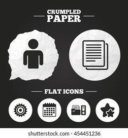 Crumpled paper speech bubble. Accounting workflow icons. Human silhouette, cogwheel gear and documents folders signs symbols. Paper button. Vector