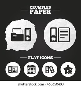 Crumpled paper speech bubble. Accounting report icons. Document storage in folders sign symbols. Paper button. Vector