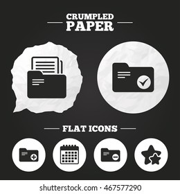 Crumpled paper speech bubble. Accounting binders icons. Add or remove document folder symbol. Bookkeeping management with checkbox. Paper button. Vector