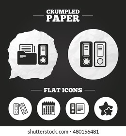 Crumpled paper speech bubble. Accounting icons. Document storage in folders sign symbols. Paper button. Vector
