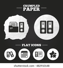 Crumpled paper speech bubble. Accounting icons. Document storage in folders sign symbols. Paper button. Vector