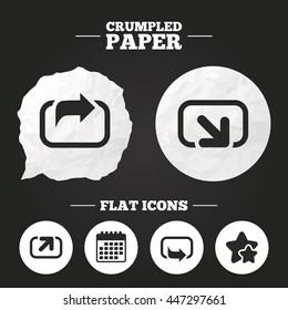 Crumpled paper speech bubble. Action icons. Share symbols. Send forward arrow signs. Paper button. Vector