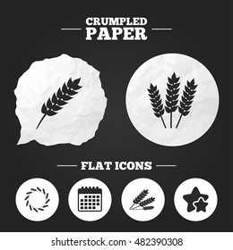 Crumpled paper speech bubble. Agricultural icons. Gluten free or No gluten signs. Wreath of Wheat corn symbol. Paper button. Vector