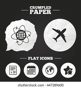 Crumpled paper speech bubble. Airplane icons. World globe symbol. Boarding pass flight sign. Airport ticket with QR code. Paper button. Vector