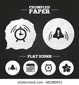 Crumpled paper speech bubble. Alarm clock icons. Wake up bell signs symbols. Exclamation mark. Paper button. Vector