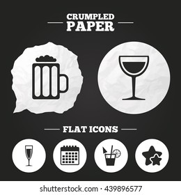 Crumpled paper speech bubble. Alcoholic drinks icons. Champagne sparkling wine and beer symbols. Wine glass and cocktail signs. Paper button. Vector