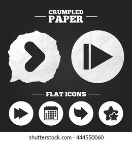 Crumpled paper speech bubble. Arrow icons. Next navigation arrowhead signs. Direction symbols. Paper button. Vector