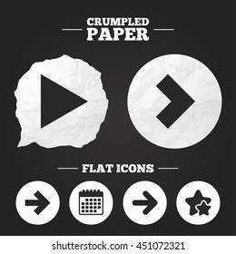 Crumpled paper speech bubble. Arrow icons. Next navigation arrowhead signs. Direction symbols. Paper button. Vector