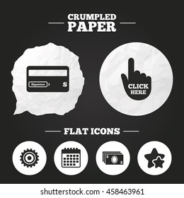 Crumpled paper speech bubble. ATM cash machine withdrawal icons. Insert bank card, click here and check PIN, processing and get cash symbols. Paper button. Vector