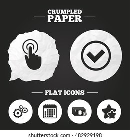Crumpled paper speech bubble. ATM cash machine withdrawal icons. Click here, check PIN number, processing and cash withdrawal symbols. Paper button. Vector