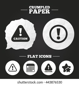 Crumpled paper speech bubble. Attention caution icons. Hazard warning symbols. Exclamation sign. Paper button. Vector