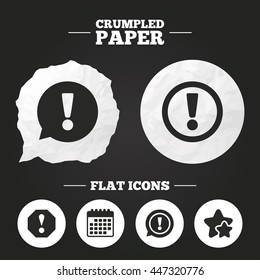 Crumpled paper speech bubble. Attention icons. Exclamation speech bubble symbols. Caution signs. Paper button. Vector
