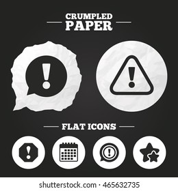 Crumpled paper speech bubble. Attention icons. Exclamation speech bubble symbols. Caution signs. Paper button. Vector