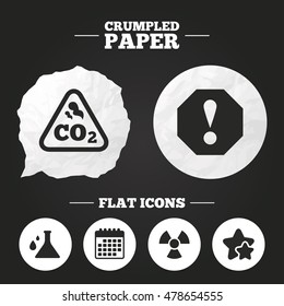 Crumpled paper speech bubble. Attention and radiation icons. Chemistry flask sign. CO2 carbon dioxide symbol. Paper button. Vector