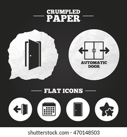Crumpled paper speech bubble. Automatic door icon. Emergency exit with arrow symbols. Fire exit signs. Paper button. Vector