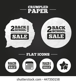 Crumpled paper speech bubble. Back to school sale icons. Studies after the holidays signs. Pencil symbol. Paper button. Vector