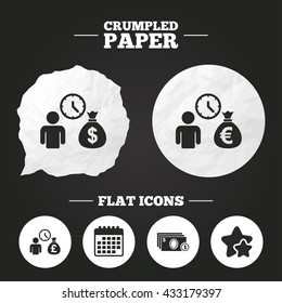 Crumpled paper speech bubble. Bank loans icons. Cash money bag symbols. Borrow money sign. Get Dollar money fast. Paper button. Vector