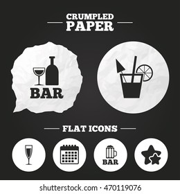 Crumpled paper speech bubble. Bar or Pub icons. Glass of beer and champagne signs. Alcohol drinks and cocktail symbols. Paper button. Vector