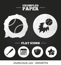Crumpled paper speech bubble. Baseball sport icons. Ball with glove and bat signs. Fireball symbol. Paper button. Vector