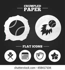 Crumpled paper speech bubble. Baseball sport icons. Ball with glove and two crosswise bats signs. Fireball symbol. Paper button. Vector