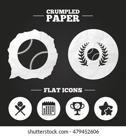 Crumpled paper speech bubble. Baseball sport icons. Ball with glove and two crosswise bats signs. Winner award cup symbol. Paper button. Vector