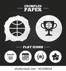 Crumpled paper speech bubble. Basketball sport icons. Ball with basket and award cup signs. Laurel wreath symbol. Paper button. Vector