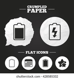 Crumpled paper speech bubble. Battery charging icons. Electricity signs symbols. Charge levels: full, empty. Paper button. Vector