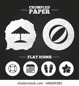 Crumpled paper speech bubble. Beach holidays icons. Ball, umbrella and flip-flops sandals signs. Lifebuoy symbol. Paper button. Vector
