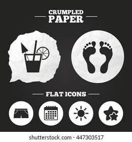 Crumpled paper speech bubble. Beach holidays icons. Cocktail, human footprints and swimming trunks signs. Summer sun symbol. Paper button. Vector