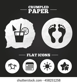 Crumpled paper speech bubble. Beach holidays icons. Cocktail, human footprints and palm trees signs. Summer sun symbol. Paper button. Vector