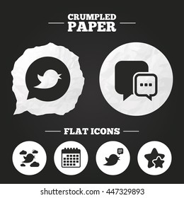 Crumpled paper speech bubble. Birds icons. Social media speech bubble. Short messages chat symbol. Paper button. Vector
