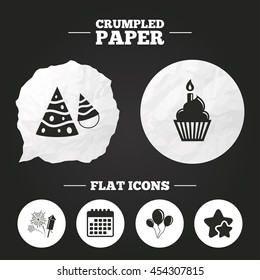 Crumpled paper speech bubble. Birthday party icons. Cake, balloon, hat and muffin signs. Fireworks with rocket symbol. Cupcake with candle. Paper button. Vector