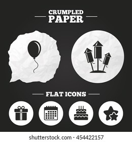 Crumpled paper speech bubble. Birthday party icons. Cake and gift box signs. Air balloons and fireworks rockets symbol. Paper button. Vector
