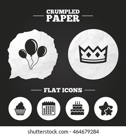 Crumpled paper speech bubble. Birthday crown party icons. Cake and cupcake signs. Air balloons with rope symbol. Paper button. Vector
