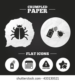 Crumpled paper speech bubble. Bug disinfection icons. Caution attention symbol. Insect fumigation spray sign. Paper button. Vector