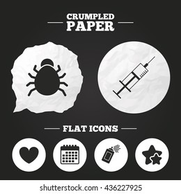 Crumpled paper speech bubble. Bug and vaccine syringe injection icons. Heart and spray can sign symbols. Paper button. Vector