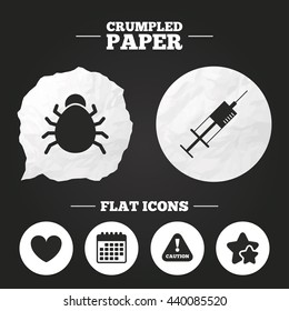 Crumpled paper speech bubble. Bug and vaccine syringe injection icons. Heart and caution with exclamation sign symbols. Paper button. Vector