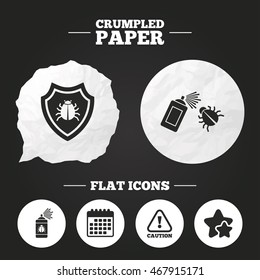 Crumpled paper speech bubble. Bug disinfection icons. Caution attention and shield symbols. Insect fumigation spray sign. Paper button. Vector