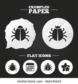 Crumpled paper speech bubble. Bugs vaccination icons. Virus software error sign symbols. Paper button. Vector