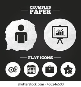 Crumpled paper speech bubble. Business icons. Human silhouette and presentation board with charts signs. Case and gear symbols. Paper button. Vector